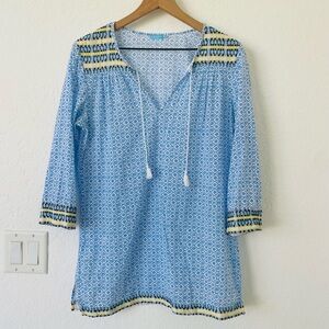 J McLaughlin Tunic Top S Coastal Boho Peasant Blouse Colorful Resort Beachwear
